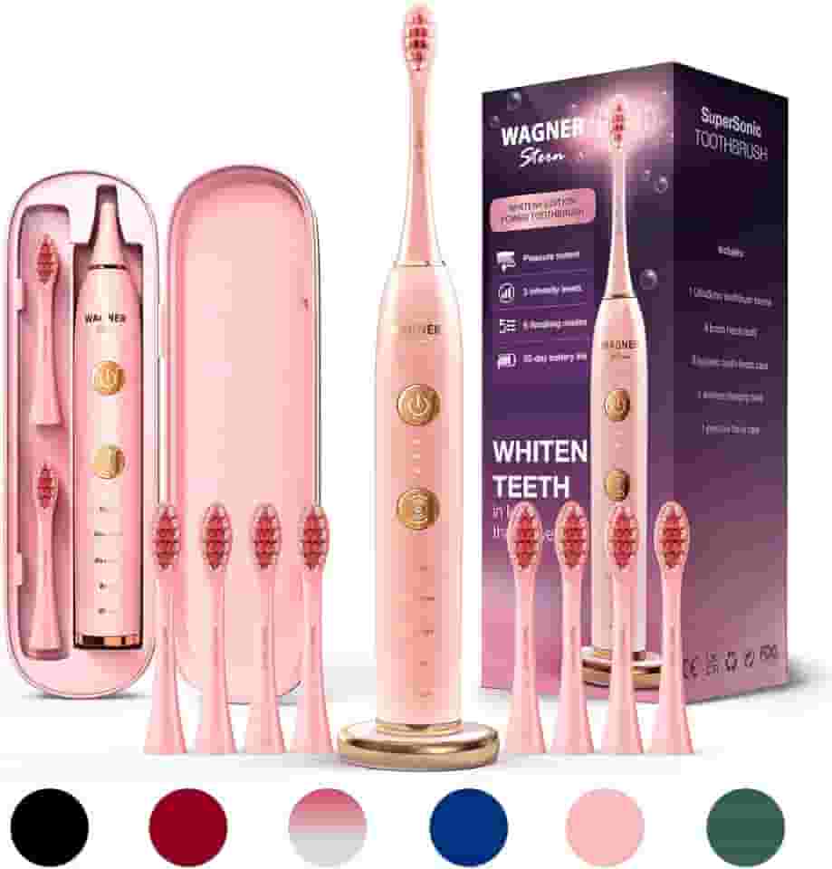 Wagner Stern WHITEN+ Edition. Escova de dentes elétrica branqueadora com sensor de pressão. Oferece 5 modos de escovação, 3 intensidades, 8 cabeças de escova macias e um estojo de viagem de luxo.