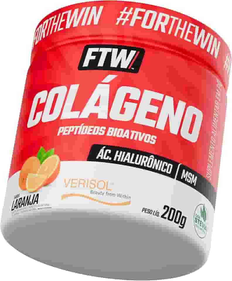 FTW Colágeno Hidrolisado Verisol em Pó 200g, Suplemento com Ácido Hialurônico, MSM, Zinco, Selênio e Cromo – Saúde da Pele, Cabelos e Unhas, Adoçado com Stevia, Sem Glúten (Sabor Laranja)