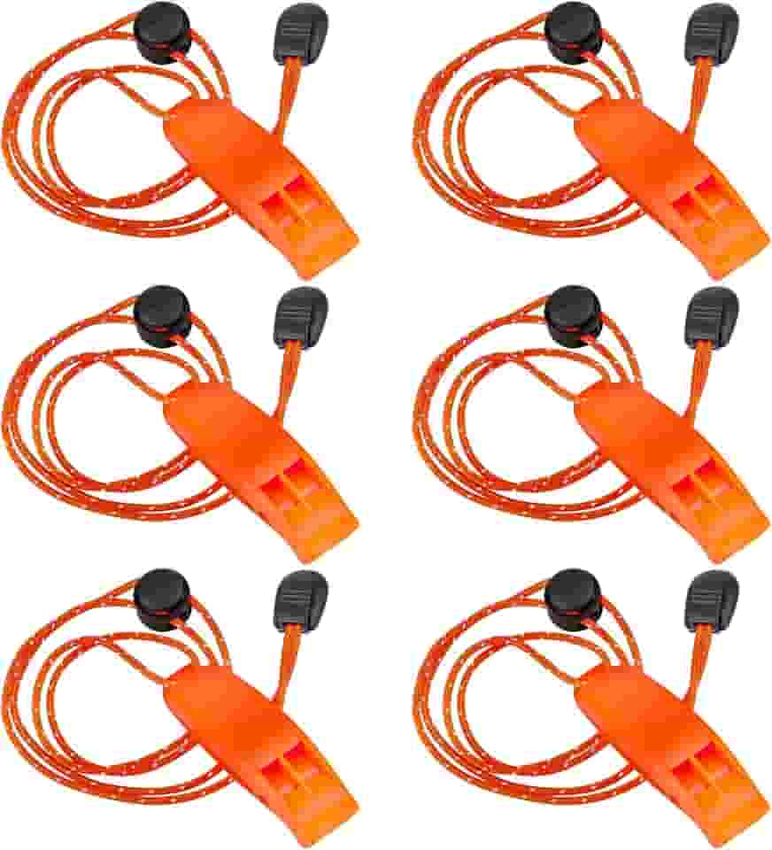 6 apitos de emergência com cordão, apito de segurança alto de sobrevivência, apito marinho com cordão refletivo ajustável, apitos flutuantes super altos para emergência