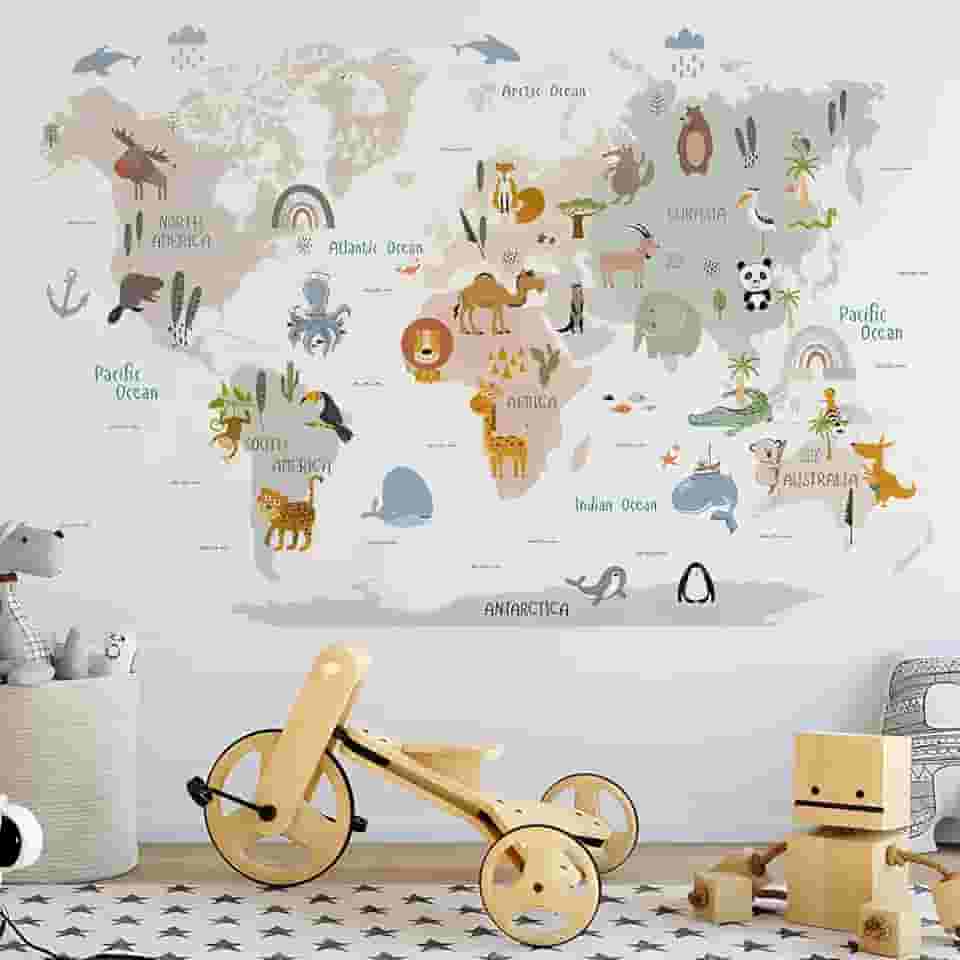 Adesivos de parede com mapa do mundo animal selvagem, floresta animais selvagens, elefante, macaco, arte de parede, vinil, faça você mesmo, removível para crianças, meninos, quarto, berçário,