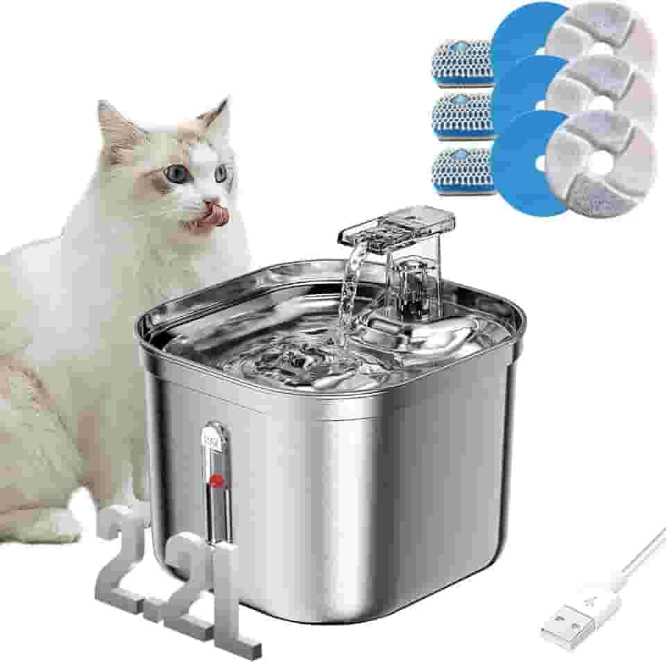 Fonte de Água para Gatos 2,2L, Fonte de Água de Aço Inoxidável para Pets Dentro de Casa, 9 Filtros e Bomba Ultra-Silenciosa, Dispensador Automático de Água, Fonte de Água para Múltiplos Pets