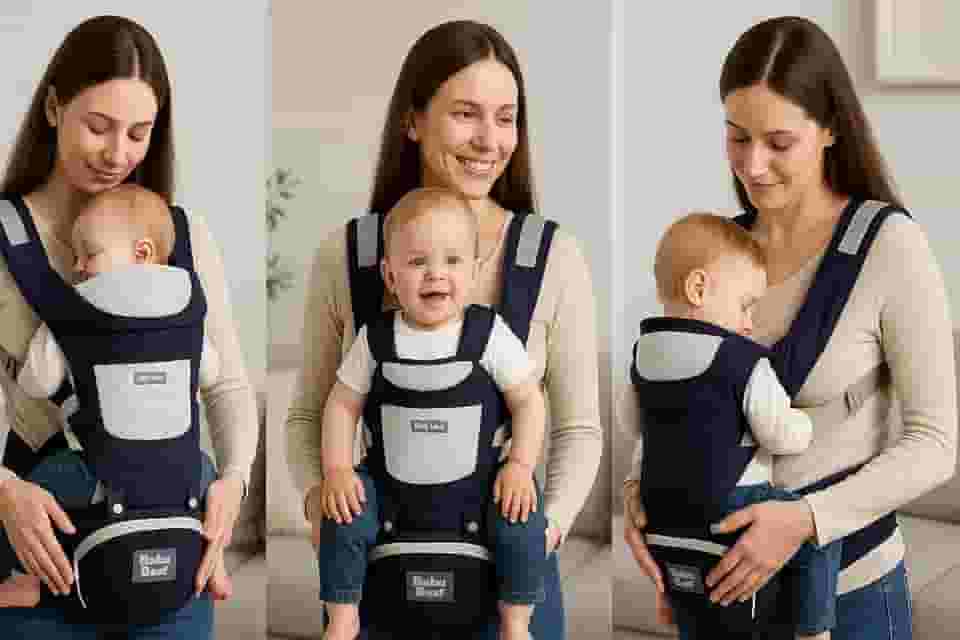 Canguru ergonômico ajustável 3 em 1 para bebê com assento acolchoado respirável suporte lombar alças largas bolsos laterais uso recém-nascido até 36 meses