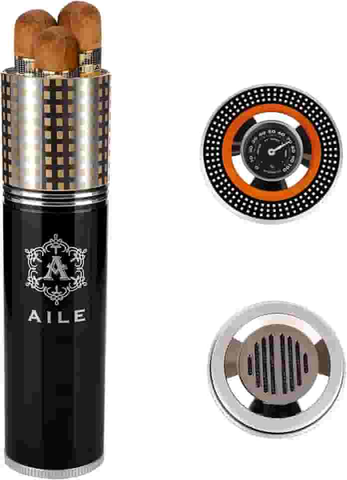 AILE Umidor de charuto para viagem, estojo de charuto, tubo para 3 a 4 charutos, estojo portátil para charutos, higrômetro de charuto, ótimo presente para o amante (preto)
