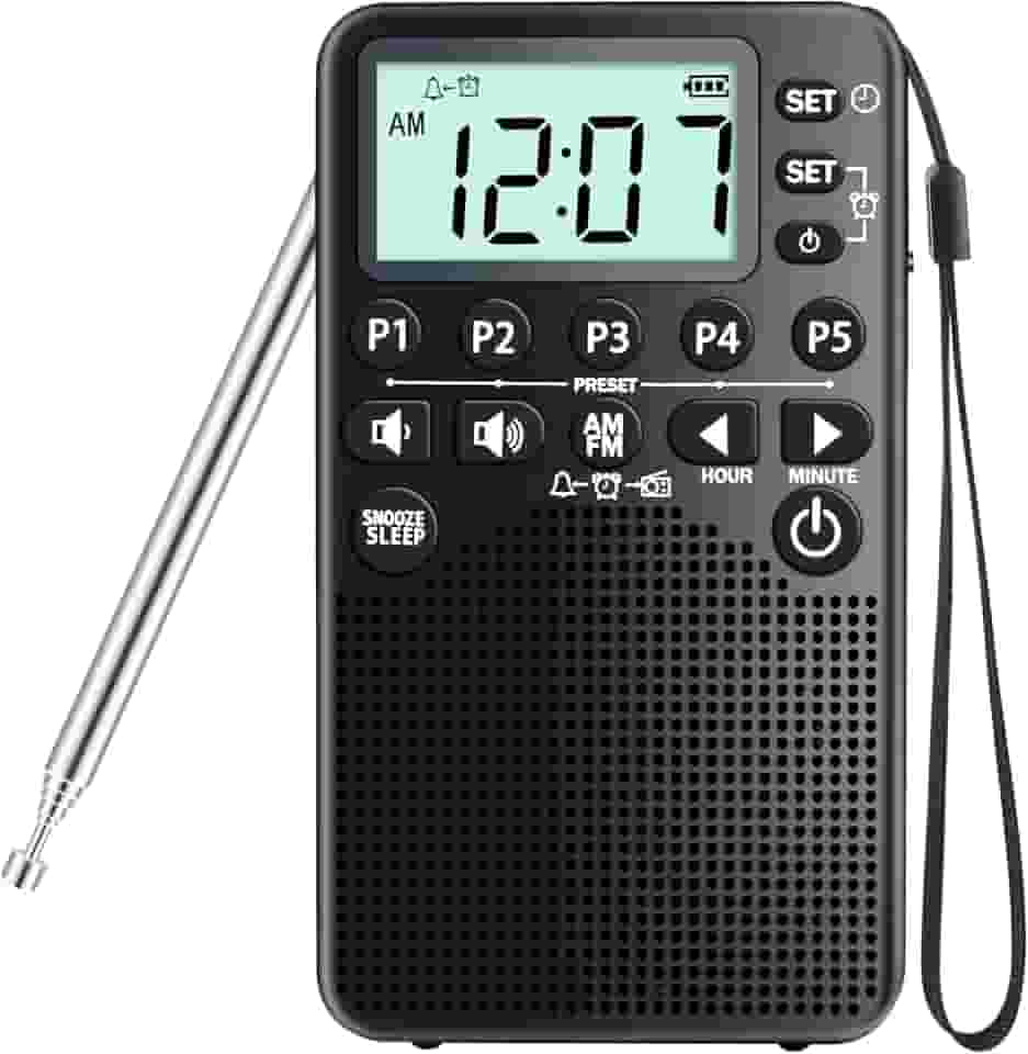 Rádio AM/FM Portátil com Tela LCD, Alto-Falante, Predefinição, Temporizador de Sono, Despertador, Soneca, Operado por Bateria, Preto