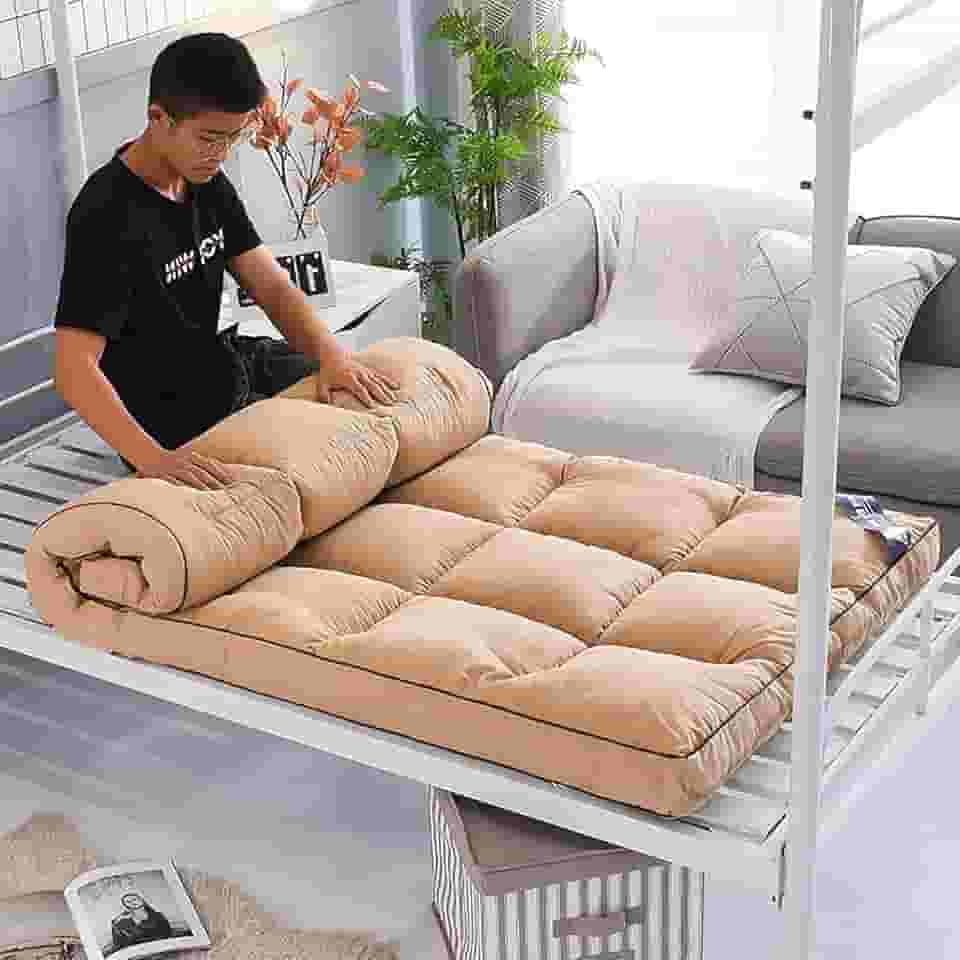 Colchões de Futon Engrossados ​​Colchão de Chão Tapete Tatami Japonês Dobrável Colchão Enrolável Almofada de Dormir Dobrável Macia Futons Japoneses Duplos Solteiros, Camelo, Único (90x200cm)
