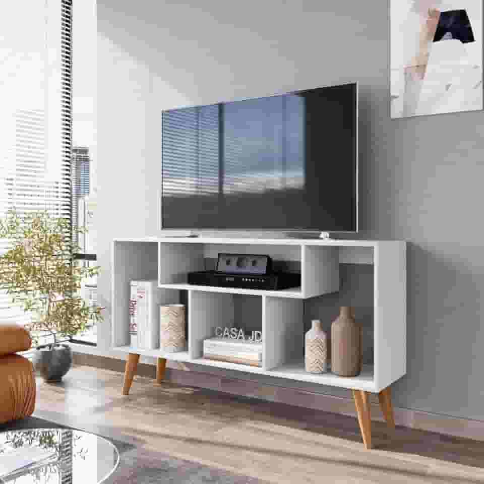 Rack Bancada Para Tv De Até 43 Polegadas Com Prateleira E Nichos Para Sala De Estar Casa Jd (Branco)