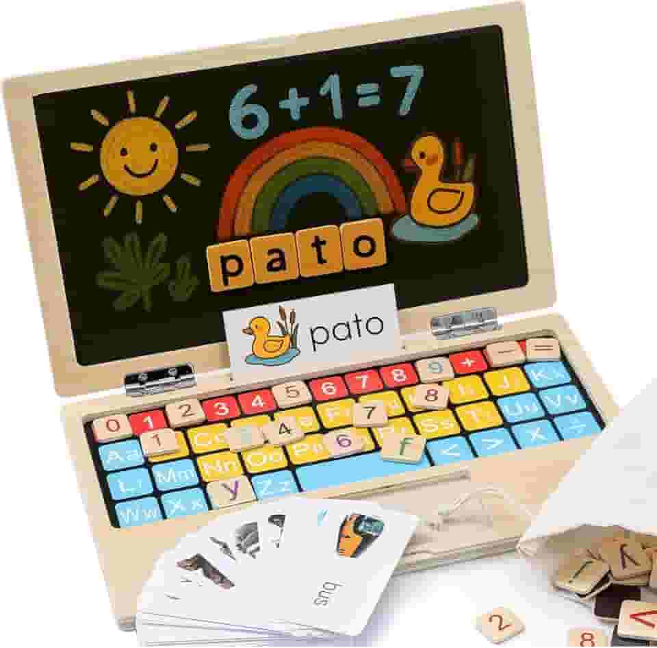 Kinderland Toys Laptop de Madeira Educativo Infantil 11.8” | Brinquedo Interativo Montessori com Letras, Números, Cartões e Lousa | Brinquedo de Alfabetização e Cálculo para Crianças 3+ Anos