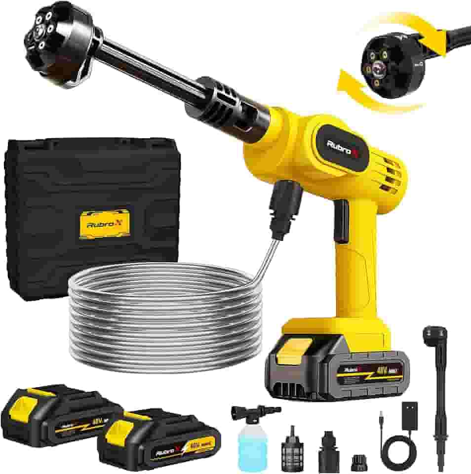 RubroX Lava Jato Portatil Sem Fio 6 em 1, Lavadora de Alta Pressao Portatil Recarregavel 25 Bar, 200W, 6 Niveis Ajustaveis, 2 Baterias, Bivolt, para Carro, Moto, Bicicleta e Areas Externas (Vermelho)