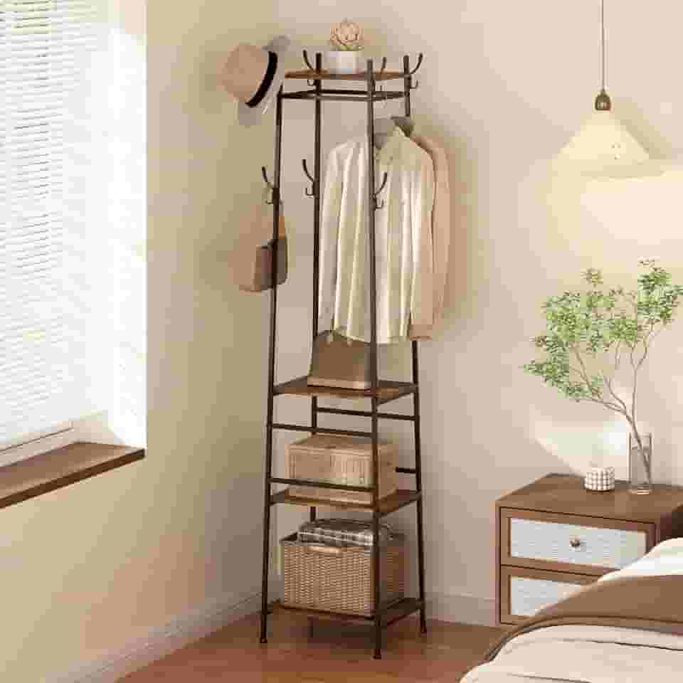 Mancebo Cabideiro em Metal de Piso Chão Roupas, Cabideiro de Chão Arara, Cabideiro Vertical para Quarto, 4 Camadas de Madeira Resistente e Vários Ganchos