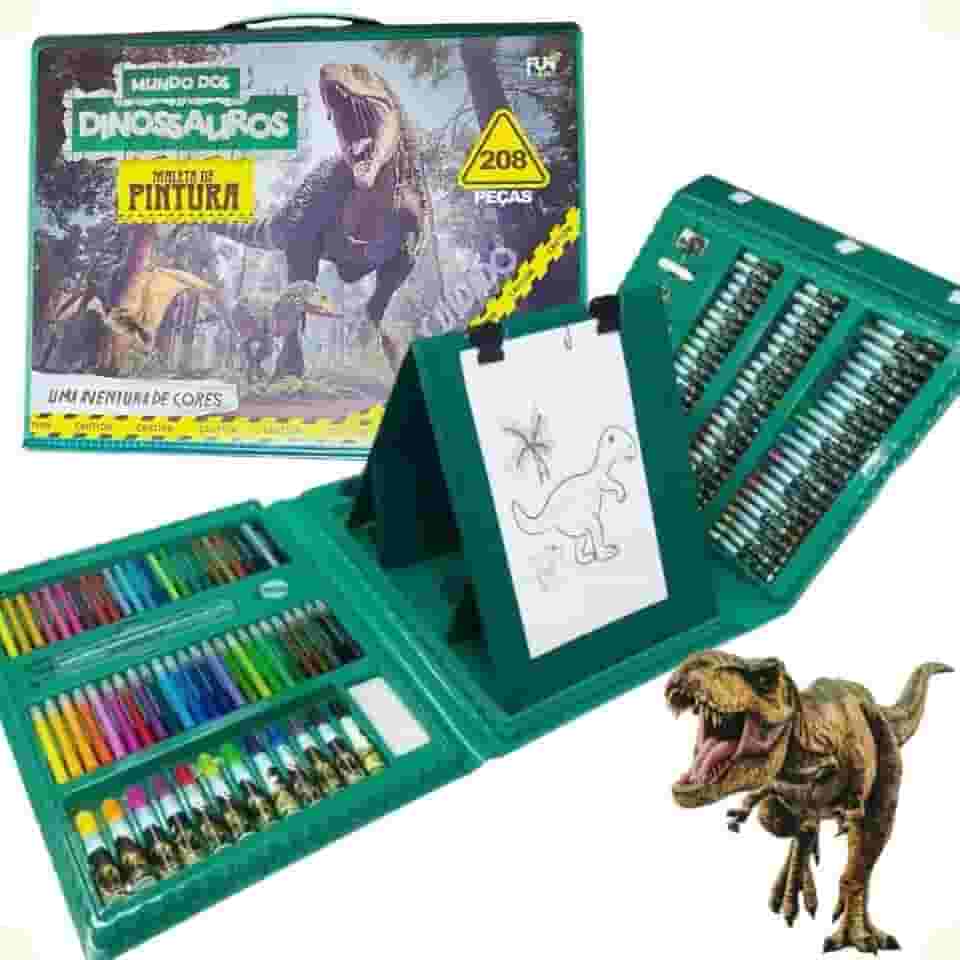 Maleta de Pintura Infantil Mundo dos Dinossauros, 208 Peças, Kit Artístico com Estojo Verde,