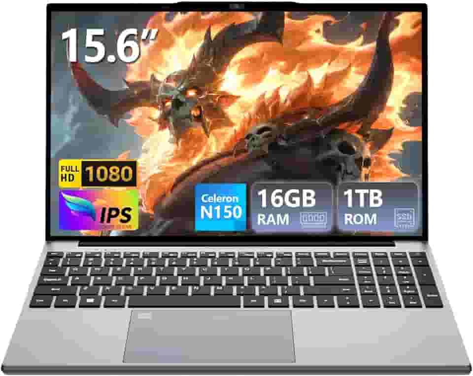 Laptop 2025, laptop com Celeron N150, topo de colo com SSD DDR4 de 16 GB de 1 TB, IPS de 15,6 polegadas 1080P, impressão digital com teclado retroiluminado, Win 11 Pro, laptops portáteis para