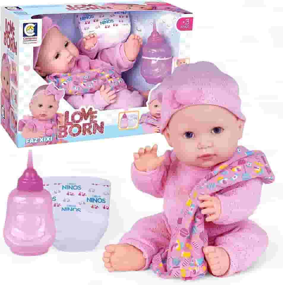 Boneca Reborn Love Born Faz Xixi com Mamadeira, Fralda e Mantinha – Olhos que Abrem e Fecham – Brinquedo Educativo Realista para Crianças