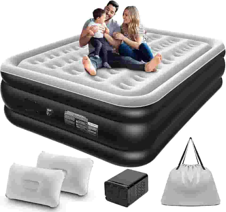 Colchão Inflável Queen Size 205 * 155CM com Bomba de ar Elétrica Recarregável Embutida, Inflação e Deflação Rápidas e Automáticas, para Viagens e Acampamentos (Preto e Branco)