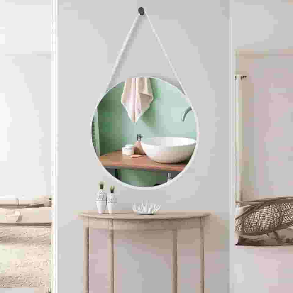 Espelho Redondo 60cm Adnet com Alça de Couro Decoração Moderna para Banheiro Sala ou Quarto (Branco)