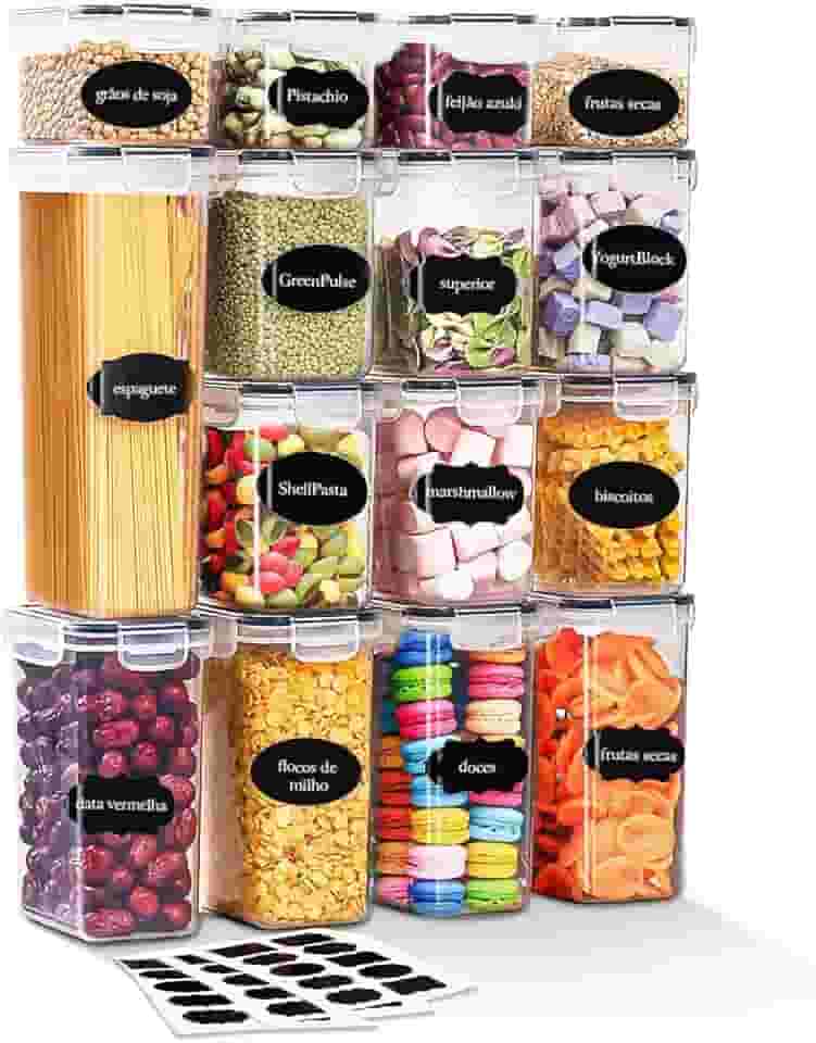 Kit 15 Potes Tampa Hermético - Porta Armazenamento de Alimentos Mantimentos Armário Cozinha (Kit 15)