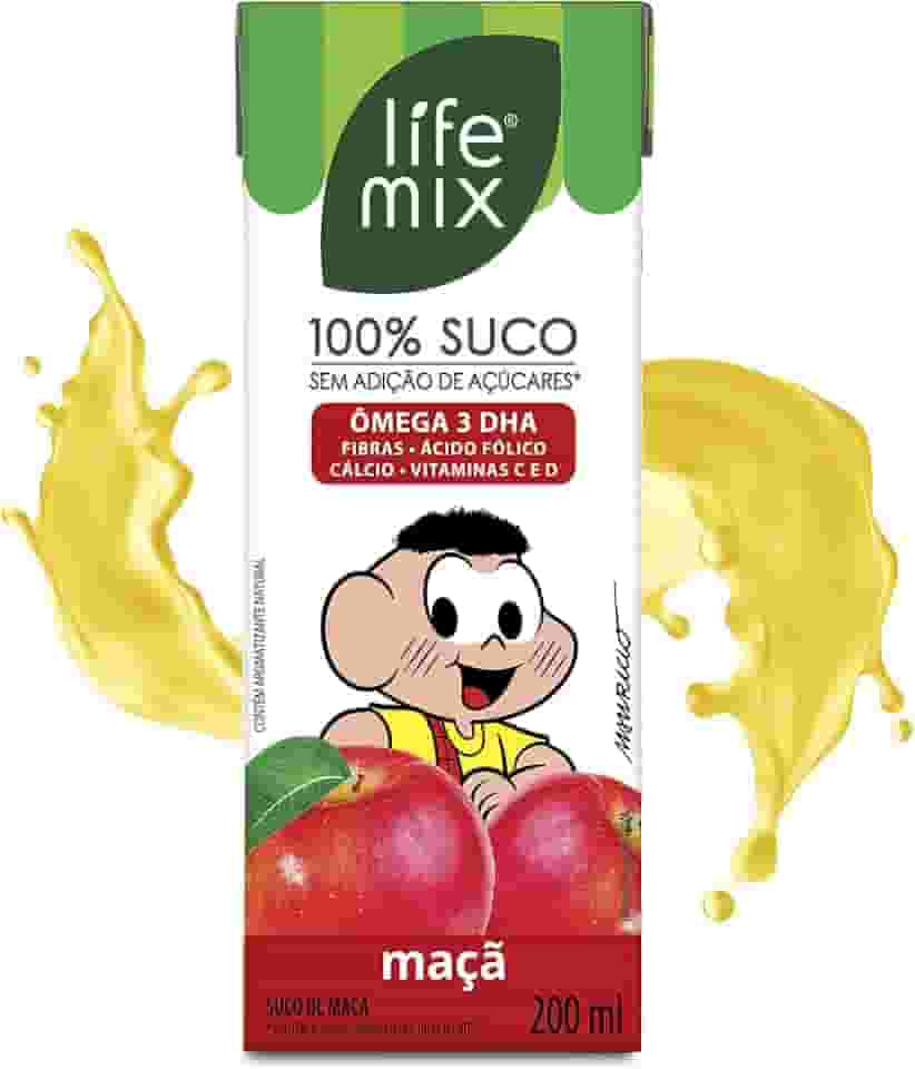 LIFE MIX Turma da Mônica - Suco de Maçã em Caixinha - 100% Suco, Sem Adição de Açúcares, Sem Conservantes e Corantes, Ômega 3 DHA, Vitaminas C e D, Cálcio, Fibras - Vegano - 200ml