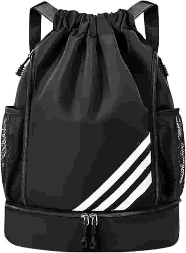 Mochila Esportiva com Cordão, Separação seca e húmida, Mochila de grande capacidade para viagens de lazer, Bolsos Laterais em Malha, Preto com Listras