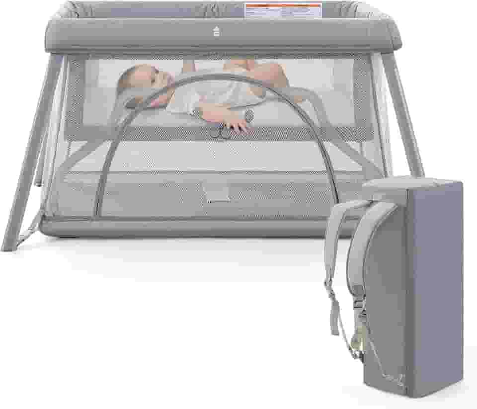 Berço de viagem, berço portátil 3 em 1 para bebês, cercadinho de viagem leve para bebês e crianças, brinquedo de viagem dobrável com colchão confortável (cinza claro)