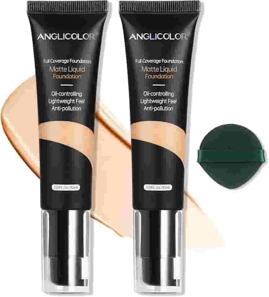 Anglicolor Base corretiva de controle de óleo fosco, 2 peças, maquiagem de base macia e duradoura à prova d'água, cobertura total, base de corretivo forte para pele oleosa com acne (2 peças, 104, 60