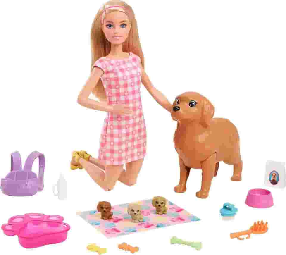 Barbie Conjunto de Brinquedo Cachorrinhos Recém-Nascidos Vestido Xadrez para crianças a partir de 3 anos