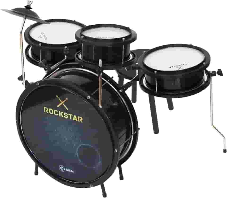 Bateria Infantil Luen Rockstar 4 Peças, Alumisteel e ABS com Acabamento Metálico Preto, Aro de Nylon, Pele Leitosa