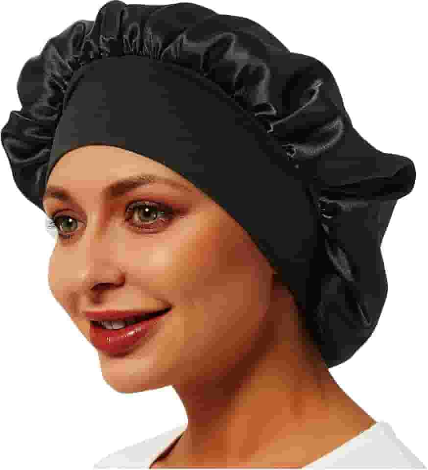 Touca de cetim de seda para dormir, touca de dormir para homens e mulheres, faixa larga elástica macia para cabelo natural e encaracolado