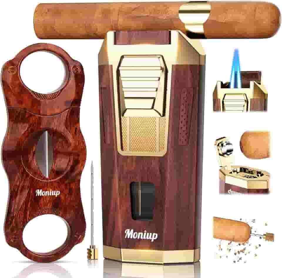 Moniup Isqueiro De Maçarico 4 Em 1, Com Conjunto De Cortador De Charuto Em V, Furador De Charuto Integrado, Suporte De Charuto E Intensificador De Tiragem, Acessórios Para Charutos, Presentes Para H