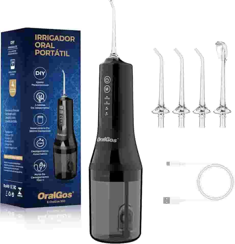 Irrigador Dental Portatil 300ML, 4 Modos de Jato, 4 Bicos, Limpeza Profunda dos Dentes e Gengivas, Elétrico, Recarregável, À Prova d’Água IPX7 (Preto)