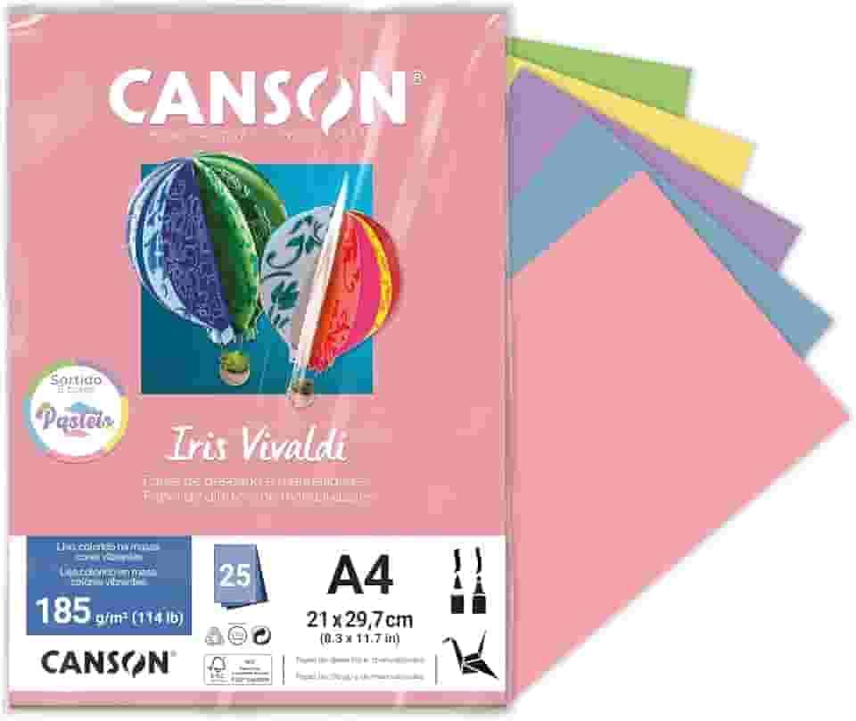 CANSON Iris Vivaldi, Papel Colorido A4 Sortido em Pacote de 25 Folhas Soltas, Gramatura 185 g/m², Cores Pasteis