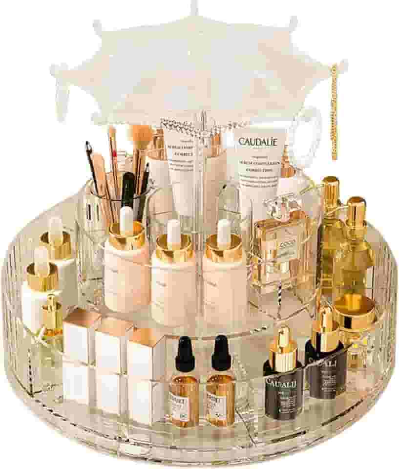 ZPSHYD 360 Rotating Organizador Maquiagem Clear Acrylic Lazy Susan - With Acrylic Umbrella for Hanging Jewelry, Spinning Turntable Storage for Skincare, Perfume & Lipstick, Ideal for Vanities