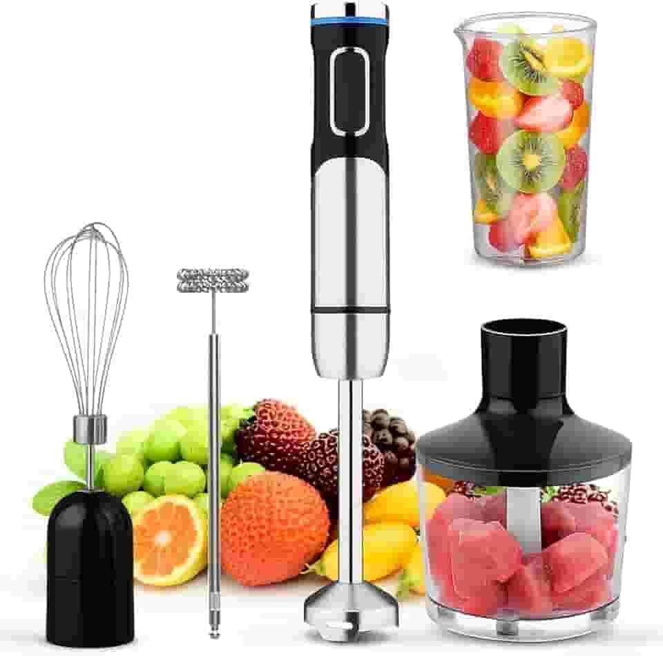 Mixer portátil 5 em 1, Ajuste de 8 velocidades, Com triturador, 304 lâmina de aço inoxidável, batedor de ovos, borbulhador e copo de medição, Adequado para sopas, smoothies e purés