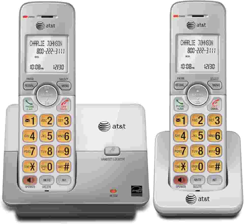 AT&T EL51203 2 aparelhos DECT 6.0 telefone doméstico sem fio, viva-voz full-duplex, tela retroiluminada, teclado iluminado, ID de chamada/chamada em espera, agenda telefônica, modo ecológico, chave de