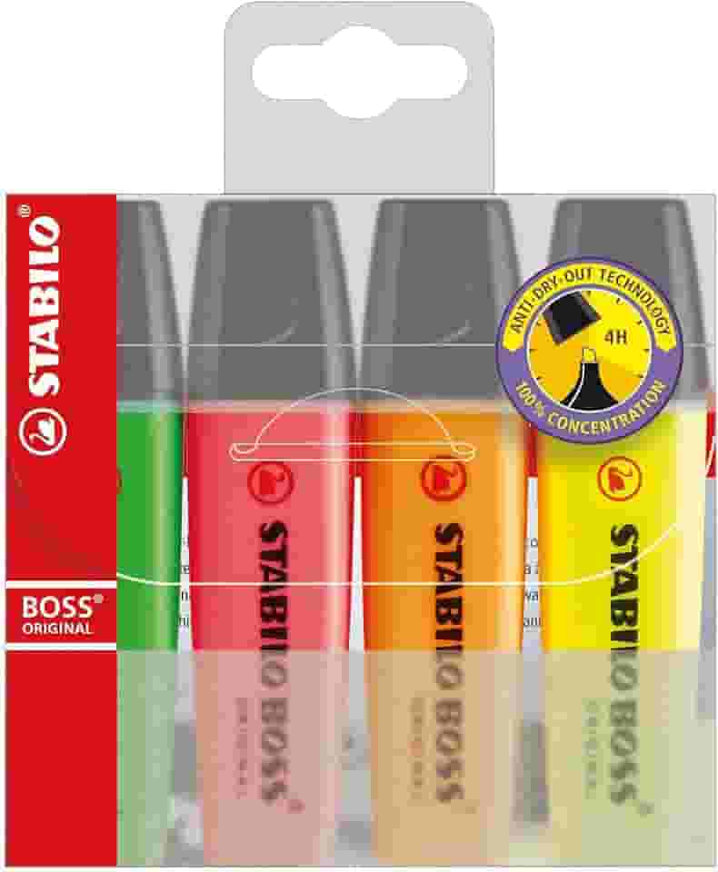 Marca Texto - STABILO BOSS ORIGINAL– Estojo com 4 unidades – Em cores clássicas