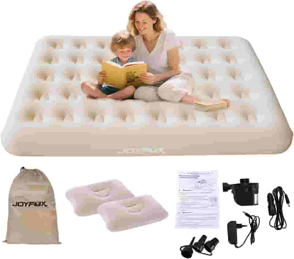 JOYFOX Colchão Inflável Casal 191x137x22cm com Travesseiros e Bomba Elétrica 2 em 1 – Para Uso Doméstico e Automotivo, Ideal para Camping e Viagens