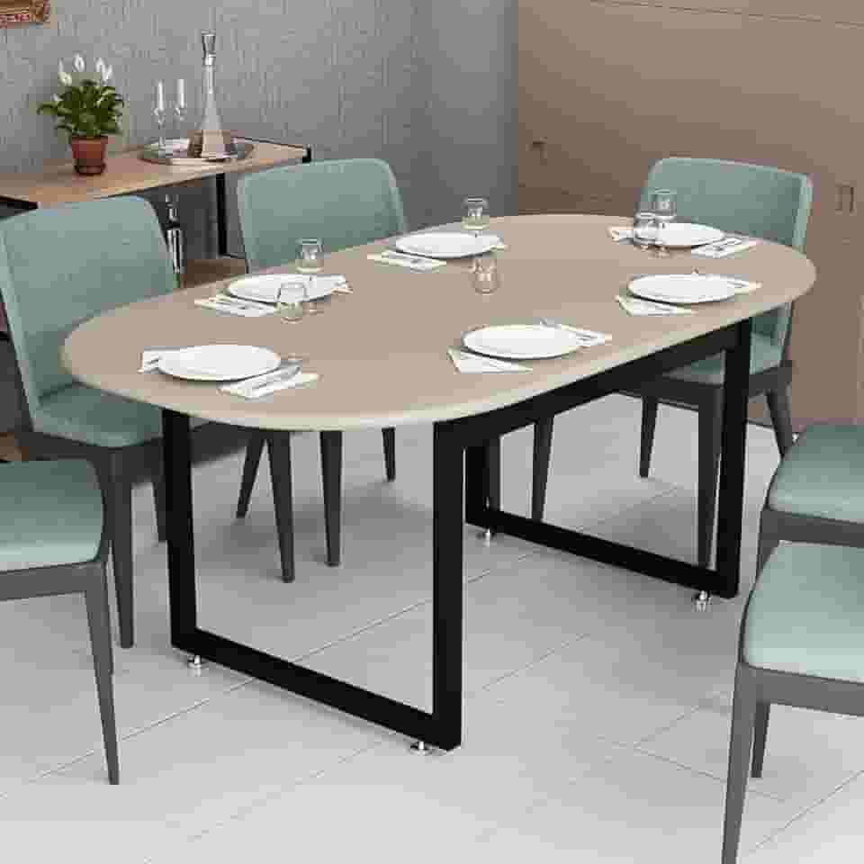 Mesa De Jantar Industrial Moderna Com Base Metálica 6 Lugares Oval (Off White)