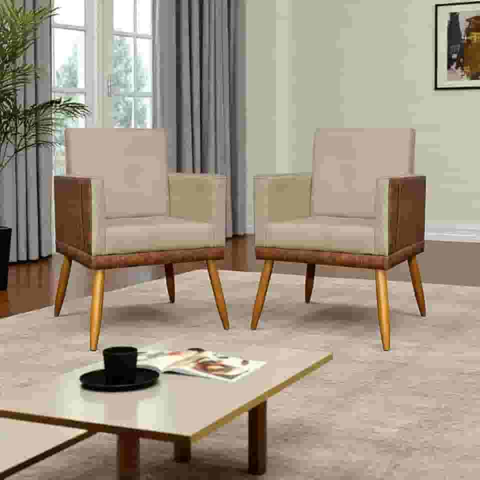 Kit 2 Poltronas Decorativas Para Sala Lis Corino e Suede Nude Pé Palito 30cm