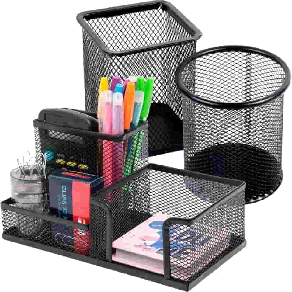 Porta Caneta Organizador de Mesa Escritório 5 Compartimentos Metal Aramado Com Divisórias Para Clip Lápis Bloco de Notas Tesoura Borracha