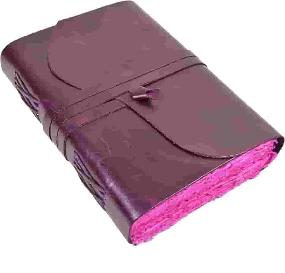 Diário vintage de couro roxo – 200 páginas de papel rústico com borda de convés rosa – páginas sem forro livro de sombras, grimório, scrapbook sujo, presentes medievais fantasias, caderno de esboços (roxo místico, 18 x 12,7 cm)