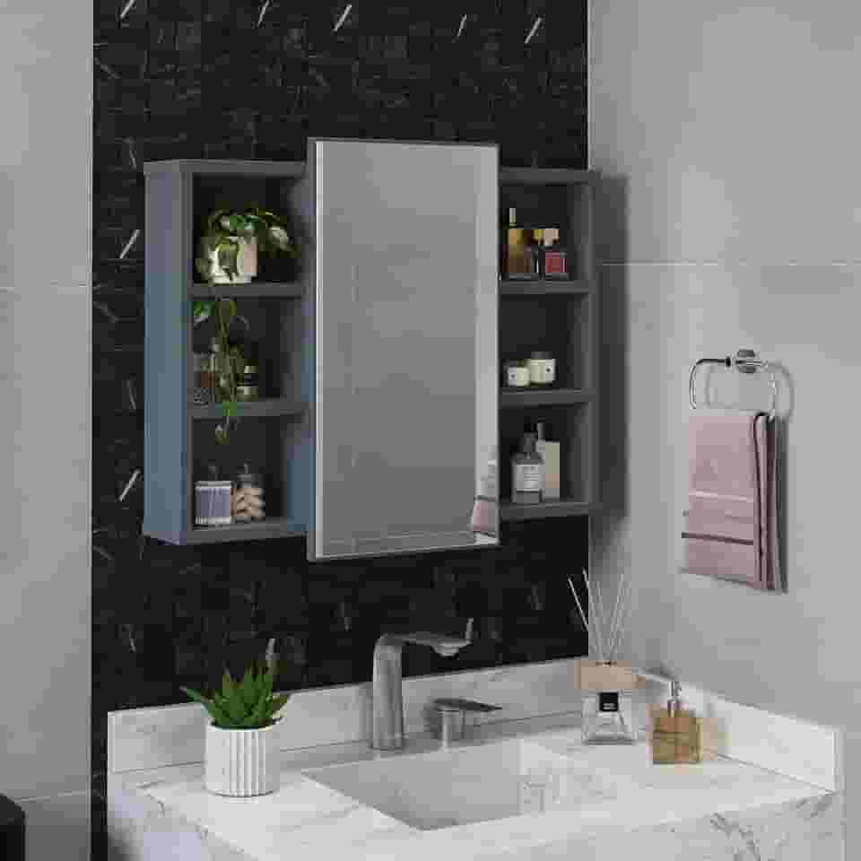Espelheira Para Banheiro Com Nichos Armário Aéreo Com Espelho Organizador (Cinza)