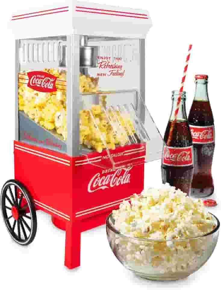 Nostalgia Máquina de fazer pipoca vintage Coca-Cola de ar quente – Faz até 12 xícaras – Sem óleo – Pipoca mais saudável – Carrinho clássico de pé com rodas – Inclui copo medidor – Branco e vermelho