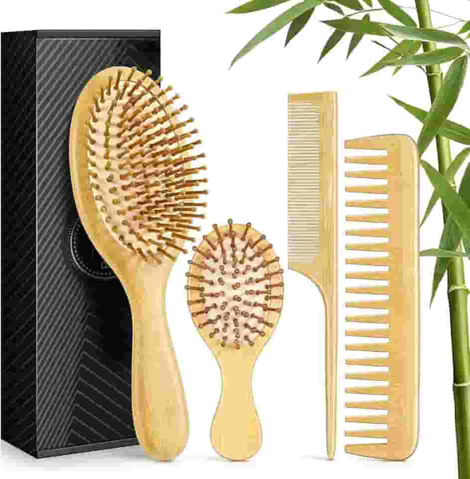 Conjunto de escovas de cabelo de bambu, 4 peças, pentes de madeira natural, escova de cabelo desembaraçadora, pente de dentes largos e cauda e mini escova de pá para viagens, adequado para mulheres e