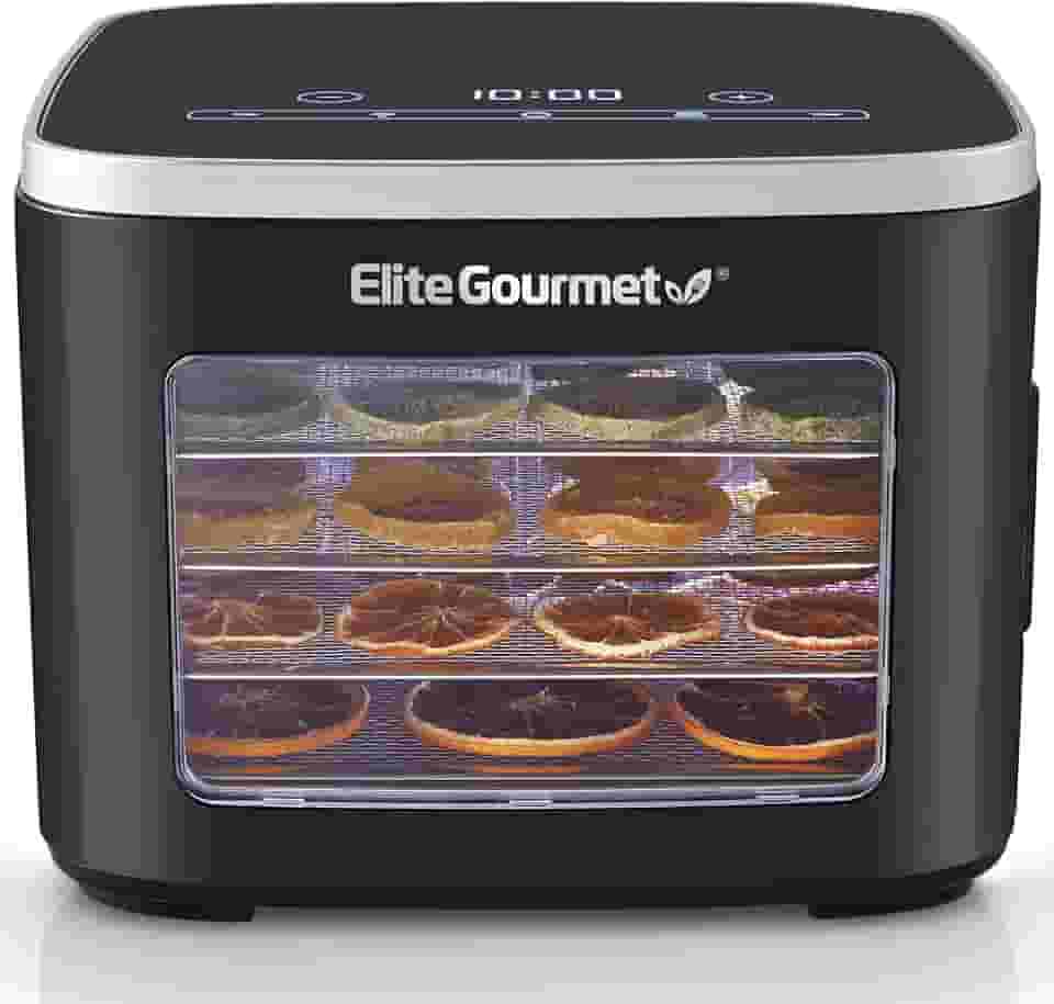 Elite Gourmet EFD809D Desidratador de alimentos com 5 bandejas de aço inoxidável, temperatura ajustável e tempo manter o calor, inclui luz interior, bandeja de rolos de frutas e folheto de