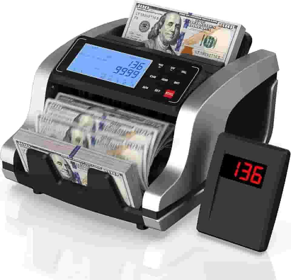 PONNOR Money Counter Machine with Value Bill Count, UV/MG/IR/MT/DD Counterfeit Detection for Dollar Euro Cash, Bill Counter Machine with Count/Add/Batch/Auto Modes, External LCD Display,