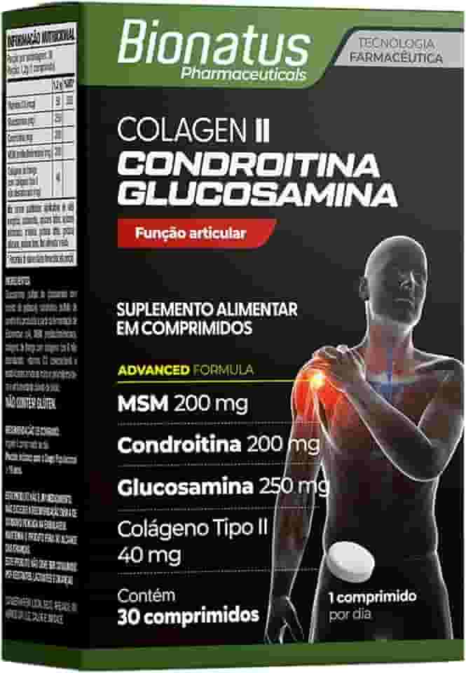 Bionatus, Colágen II, Condroitína, Glucosamina, Suplemento alimentar, MSM 200mg + Condroitina 200mg + Glucosamina 250mg + Colágeno Tipo II 40mg, 30 cápsulas • 30 doses, Preto