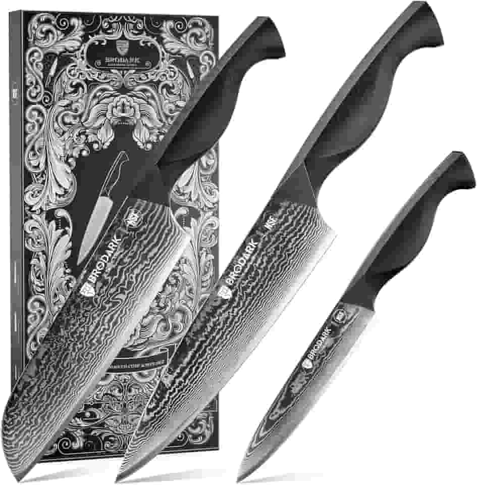 BRODARK Conjunto de facas de damasco 3 peças: conjunto de facas de cozinha afiadas de damasco, facas de chef japonesas profissionais com cabo ABS ergonômico completo para casa, restaurante (série Dark