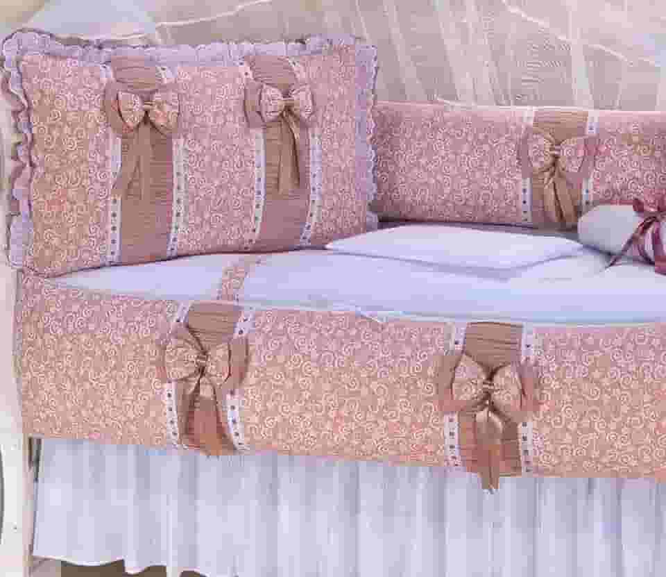 Kit Berço Para Berço Americano E Nacional Rosê Laço Floral Menina Princesinha Luxo Cor:Rosê
