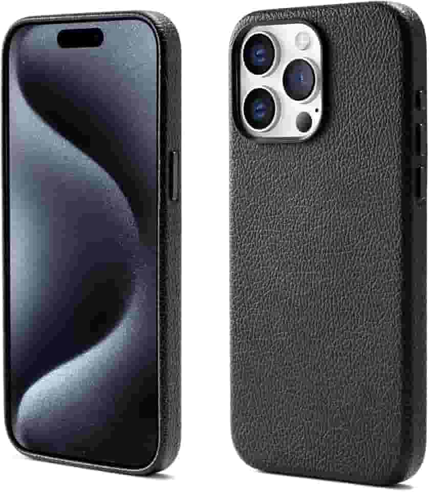 Capinha Premium de Couro Anti Impacto – Compatível com Modelos de iPhone (Carregamento Sem Fio Magnético)，À Prova d’Água e Poeira, Botões de Metal e Proteção da Câmera (preto, iPhone 14 Pro)