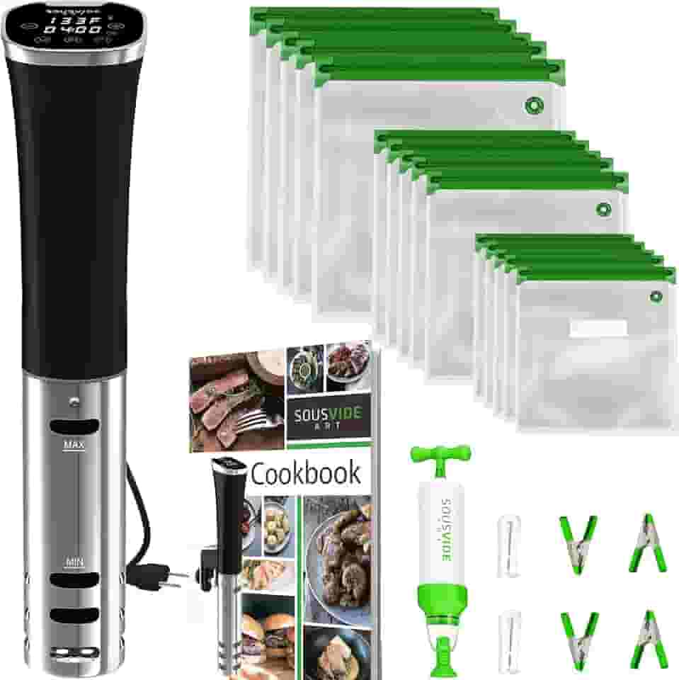 Kit de fogão Sous Vide | TODO EM UM | O kit de iniciante inclui: Máquina de perfil fino 800W | 30 sacos | Clipes | Bomba de vácuo | Livro de receitas | Temperatura de precisão | Temporizador digital (Deluxe)