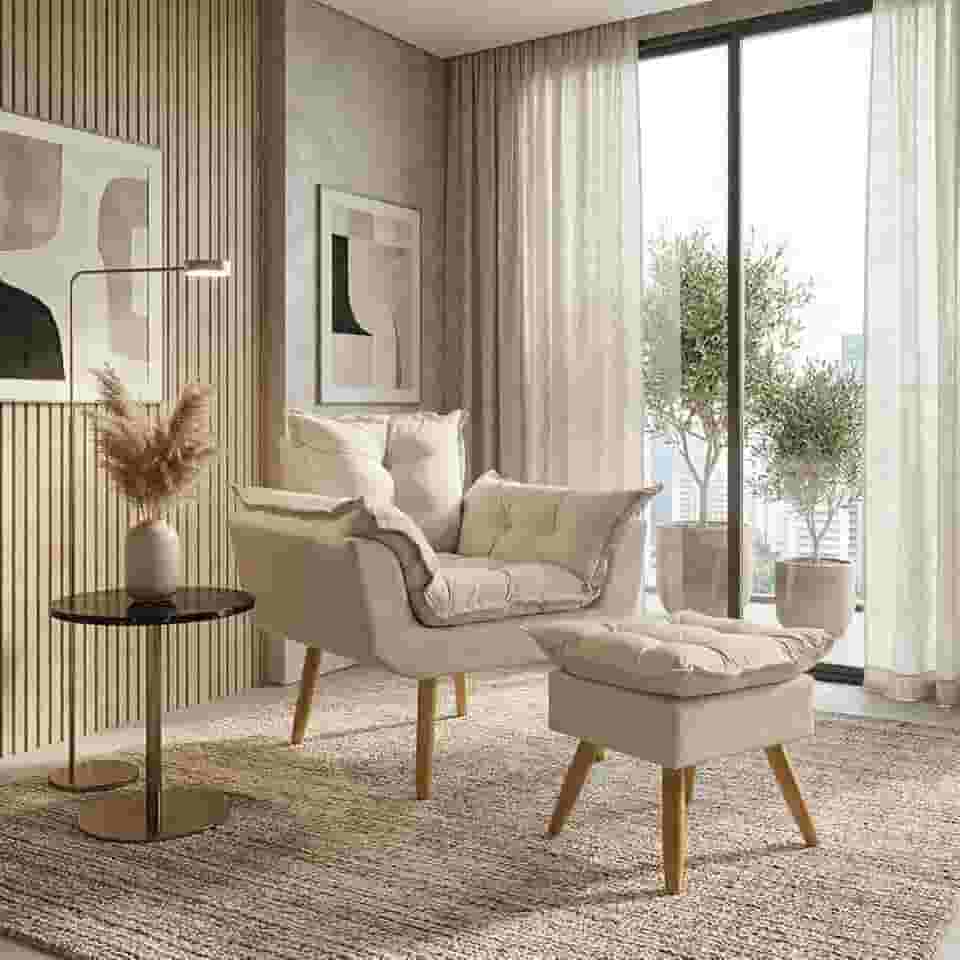 Kit Poltrona Decorativa Confortável Para Sala Recepção Manicure com Puff Para Quarto Penteadeira Closet Quadrado Tecido Suede (Bege)