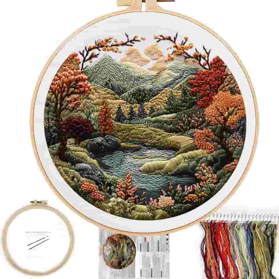 FONNUY Kit de bordado para iniciantes, kits de padrões pré-estampados com paisagem da natureza boho para adultos com aro, costura de linha colorida fácil de seguir, argola de 20 cm (colinas de flores)
